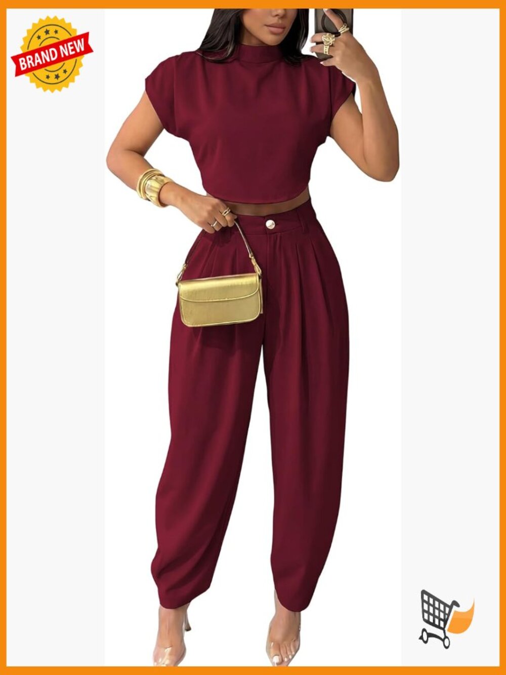 2 Piece Set Women Mock Neck Cap Sleeve Crop Top Palazzo Pants Travel Outfit